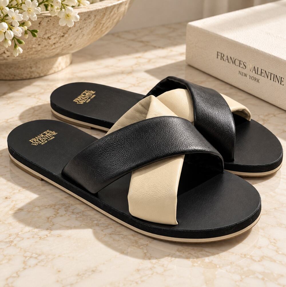 FRANCES VALENTINE Criss Cross Leather Sandals Black Ivory Sz 7.5 $300